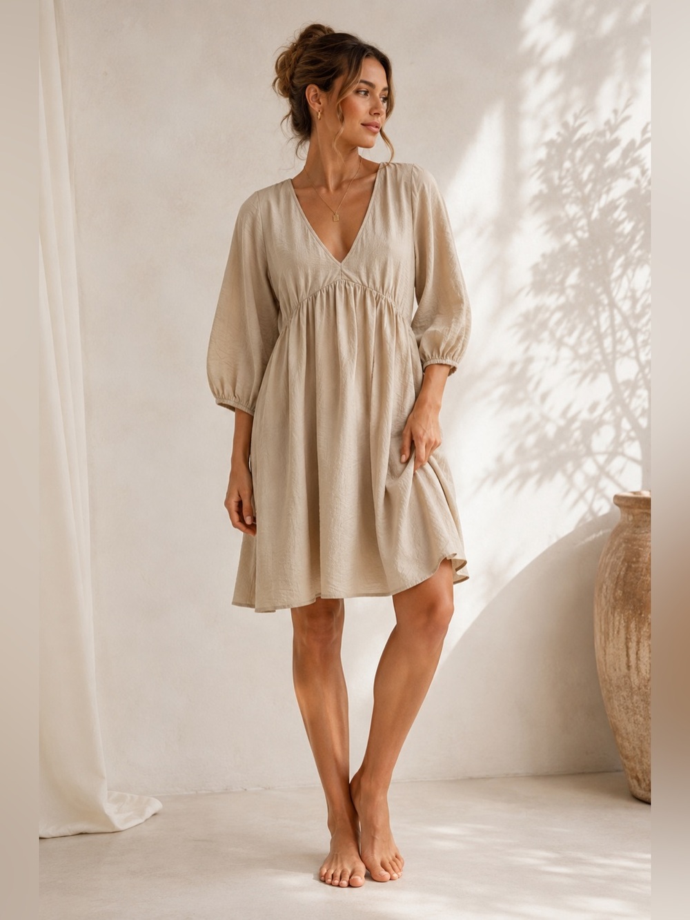 H&M Babydoll Mini Dress Taupe XS NWOT